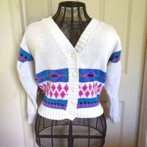 Vintage 62 East 80's Aztec white purple knitted woven geometric button sweater S